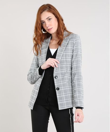 Blazer-Feminino-Estampado-Xadrez-com-Botoes-Cinza-9420581-Cinza_1