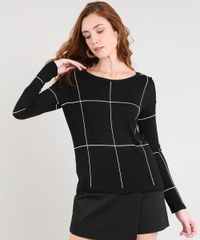 Sueter-Feminino-Estampado-Quadriculado-em-Trico-Preto-9360037-Preto_1