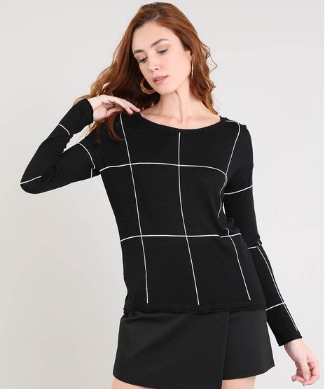 Sueter-Feminino-Estampado-Quadriculado-em-Trico-Preto-9360037-Preto_1