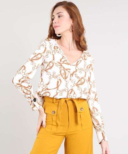 Blusa Feminina Ampla Estampada de Cinto Manga Longa Decote V Off White Menor preço em Blusa Feminina Ampla Estampada de Cinto Manga Longa Decote V Off White