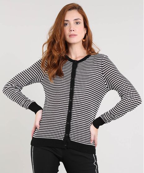 Cardigan-Feminino-em-Trico-Estampado-de-Poa-Preto-9425764-Preto_1