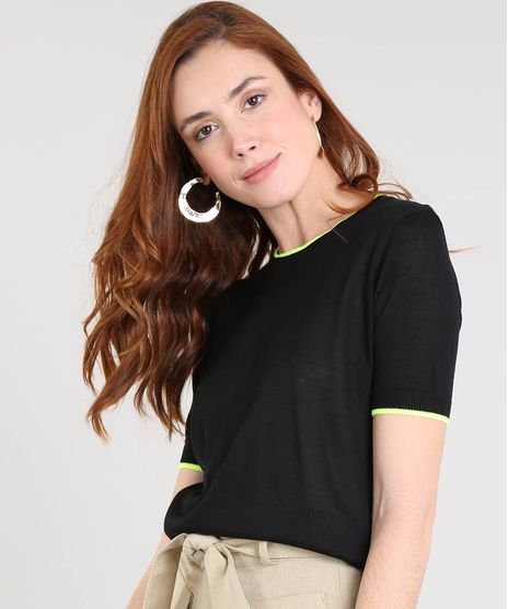 Blusa-Feminina-Bicolor-em-Trico-Manga-Curta-Decote-Redondo-Preta-9519911-Preto_1