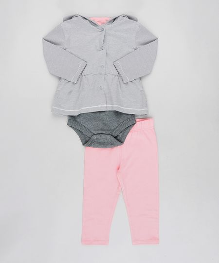 Conjunto Infantil de Jaqueta com Capuz Listrada + Body Manga Curta Cinza Mescla + Calça Rosa Menor preço em Conjunto Infantil de Jaqueta com Capuz Listrada + Body Manga Curta Cinza Mescla + Calça Rosa