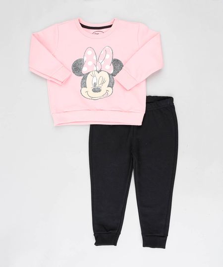 Conjunto Infantil Minnie de Blusão Rosa + Calça em Moletom Preta Menor preço em Conjunto Infantil Minnie de Blusão Rosa + Calça em Moletom Preta