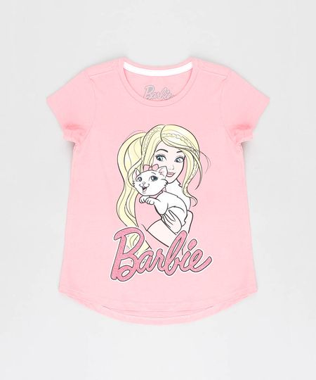 Blusa Infantil Barbie com Glitter Manga Curta Decote Redondo Rosa Menor preço em Blusa Infantil Barbie com Glitter Manga Curta Decote Redondo Rosa