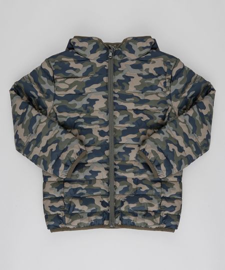 Jaqueta Puffer Infantil Estampada Camuflada Verde Militar Menor preço em Jaqueta Puffer Infantil Estampada Camuflada Verde Militar