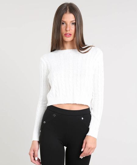 Suéter Feminino Básico Cropped em Tricô Off White Menor preço em Suéter Feminino Básico Cropped em Tricô Off White