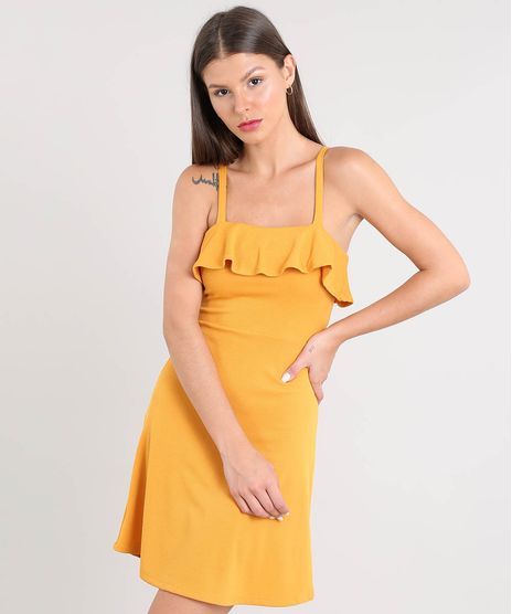 Vestido-Feminino-Curto-Canelado-com-Babado-Alca-Fina-Mostarda-9468905-Mostarda_1