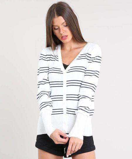 Cardigan Feminino Básico em Tricô Listrado Branco Menor preço em Cardigan Feminino Básico em Tricô Listrado Branco