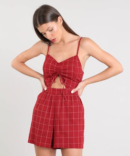 Macaquinho-Feminino-Estampado-Xadrez-com-Vazado-Alca-Fina-Vermelho-9369860-Vermelho_1