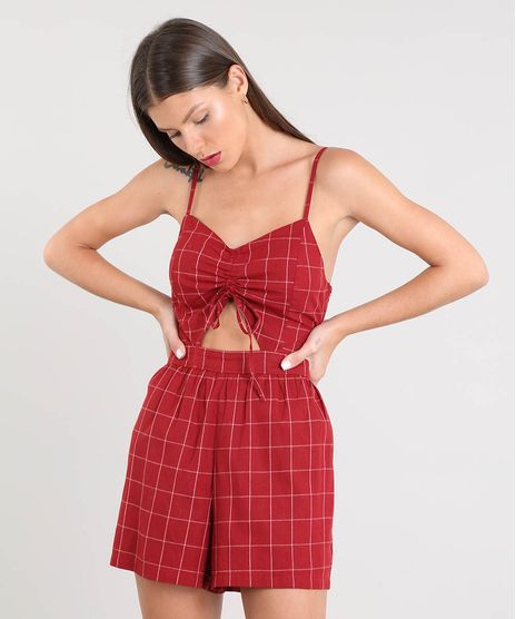 Macaquinho-Feminino-Estampado-Xadrez-com-Vazado-Alca-Fina-Vermelho-9369860-Vermelho_1