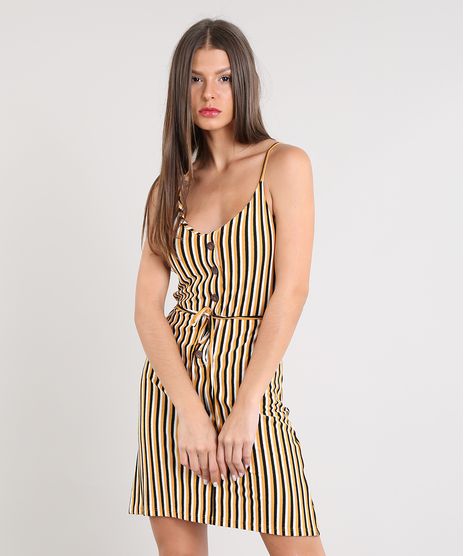Vestido-Feminino-Curto-Listrado-com-Botoes-Alca-Fina-Mostarda-9439865-Mostarda_1