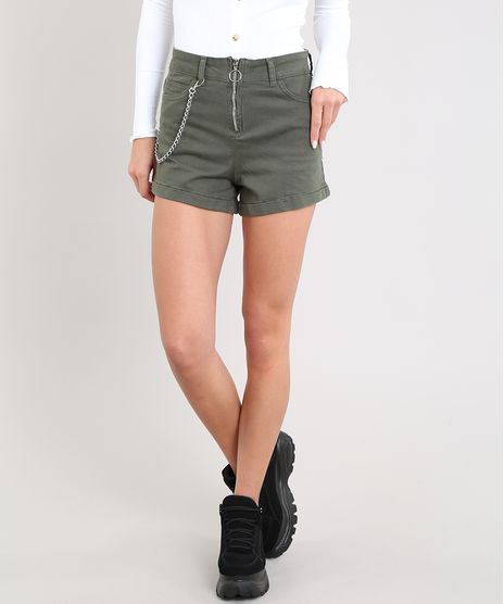 Short-de-Sarja-Feminino-Hot-Pant-Cintura-Alta-com-Corrente-Verde-Militar-9539061-Verde_Militar_1