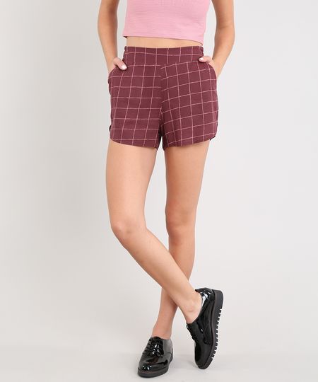 Short Feminino Running Estampado Quadriculado Vinho Menor preço em Short Feminino Running Estampado Quadriculado Vinho