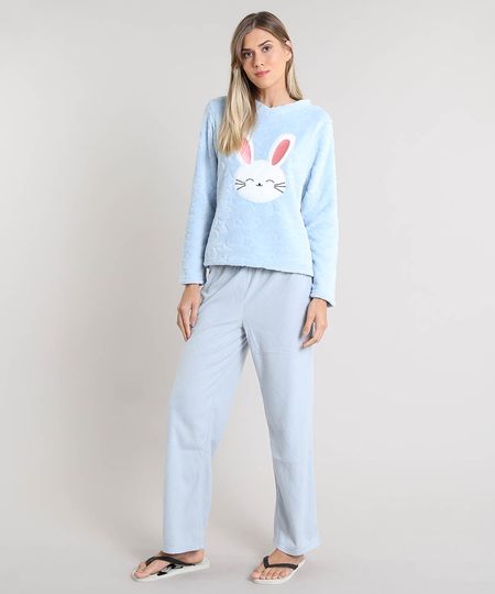 Pijama de Inverno Feminino Coelho em Fleece Manga Longa Azul Claro Menor preço em Pijama de Inverno Feminino Coelho em Fleece Manga Longa Azul Claro