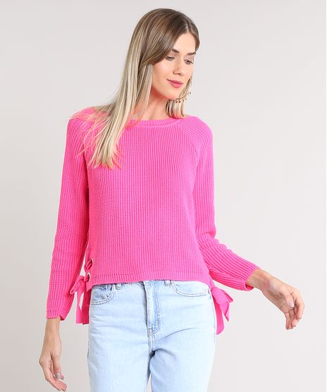 Sueter-Feminino-com-Lace-Up-em-Trico-Rosa-Neon-9505951-Rosa_Neon_1