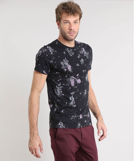 Camiseta-Masculina-Slim-Fit-Estampada-de-Respingos-Manga-Curta-Gola-Careca-Preta-9388103-Preto_1