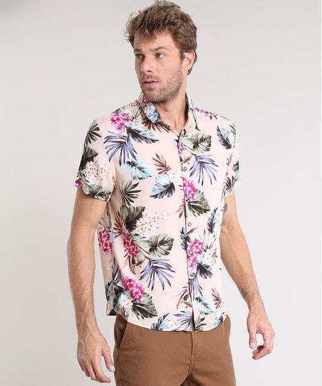 Camisa-Masculina-Estampada-Floral-Manga-Curta-Bege-9419531-Bege_1