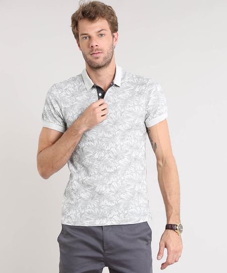 Polo-Masculina-Estampada-de-Folhagem-em-Piquet-Manga-Curta-Cinza-Mescla-Claro-9448685-Cinza_Mescla_Claro_1