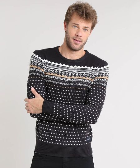 Sueter-Masculino-Estampado-Flor-de-Lis-em-Trico-Preto-9349171-Preto_1