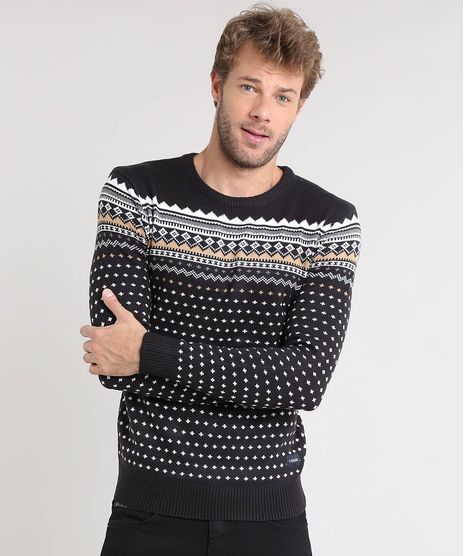 Sueter-Masculino-Estampado-Flor-de-Lis-em-Trico-Preto-9349171-Preto_1