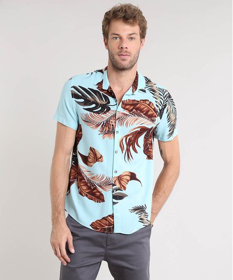 Camisa-Masculina-Estampada-de-Folhagem-Manga-Curta-Verde-Agua-9466282-Verde_Agua_1