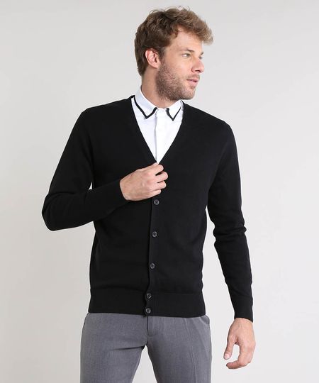 Cardigan Masculino Básico em Tricô Gola V Preto Menor preço em Cardigan Masculino Básico em Tricô Gola V Preto