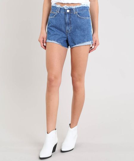 Short Jeans Feminino Vintage Cós e Barra Desfiados Azul Médio Menor preço em Short Jeans Feminino Vintage Cós e Barra Desfiados Azul Médio
