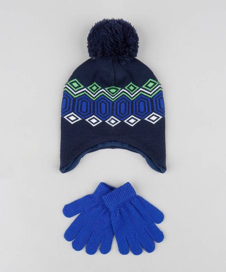 Kit de Gorro Infantil com Pompom + Luva em Tricô Azul Marinho - Único Menor preço em Kit de Gorro Infantil com Pompom + Luva em Tricô Azul Marinho - Único