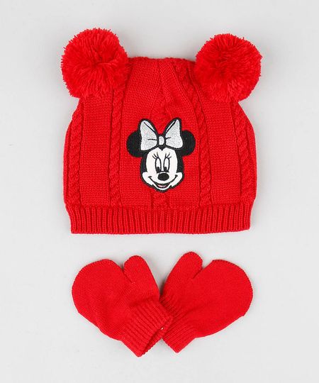 Kit de Gorro Infantil Minnie com Pompom + Luva em Tricô Vermelho - Único Menor preço em Kit de Gorro Infantil Minnie com Pompom + Luva em Tricô Vermelho - Único