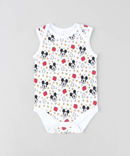 Body Infantil Mickey Estampado Sem Manga Gola Careca Branco Menor preço em Body Infantil Mickey Estampado Sem Manga Gola Careca Branco