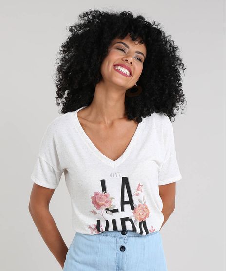 Blusa-Feminina-com-Linho-e-Estampa--La-Vida--Manga-Curta-Decote-V-Bege-Claro-9469468-Bege_Claro_1