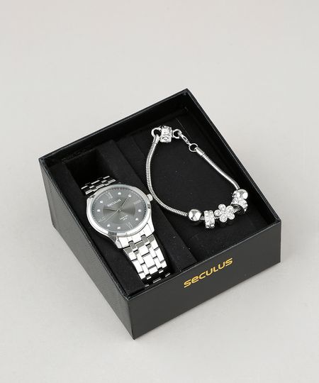 Kit de Relógio Analógico Seculus Feminino + Pulseira - 77007L0SVNA2KB Prateado - Único Menor preço em Kit de Relógio Analógico Seculus Feminino + Pulseira - 77007L0SVNA2KB Prateado - Único