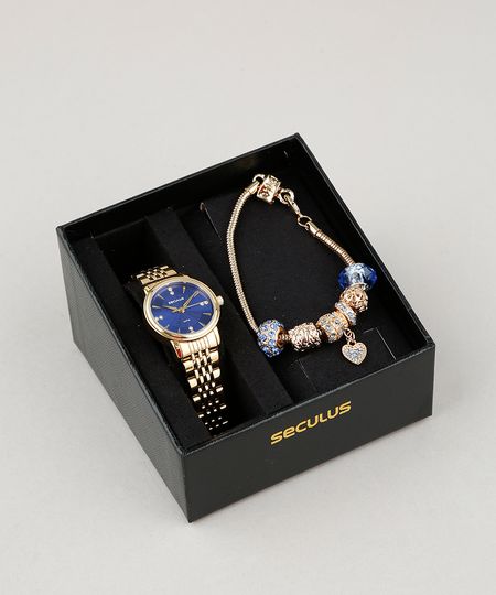 Kit de Relógio Analógico Seculus Feminino + Pulseira - 23616LPSVDS1KZ Dourado - Único Menor preço em Kit de Relógio Analógico Seculus Feminino + Pulseira - 23616LPSVDS1KZ Dourado - Único
