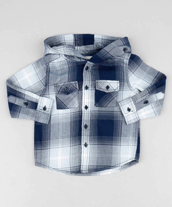 Camisa Infantil Estampada Xadrez com Capuz Manga Longa Azul Marinho 1