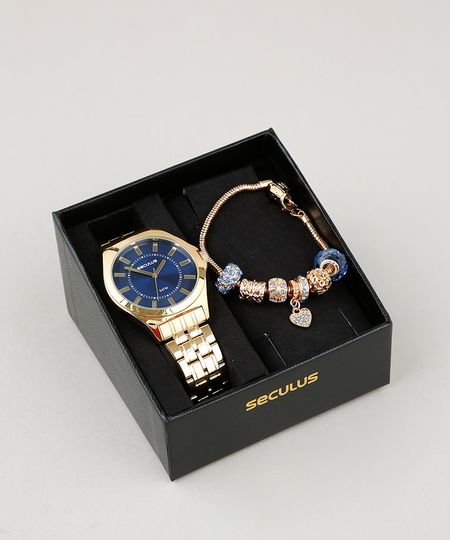 Kit de Relógio Analógico Seculus Feminino + Pulseira - 23633LPSVDS1KA Dourado - Único Menor preço em Kit de Relógio Analógico Seculus Feminino + Pulseira - 23633LPSVDS1KA Dourado - Único