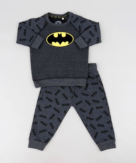 Conjunto Infantil Batman de Blusão Raglan + Calça Estampada em Moletom Cinza Mescla Escuro Menor preço em Conjunto Infantil Batman de Blusão Raglan + Calça Estampada em Moletom Cinza Mescla Escuro