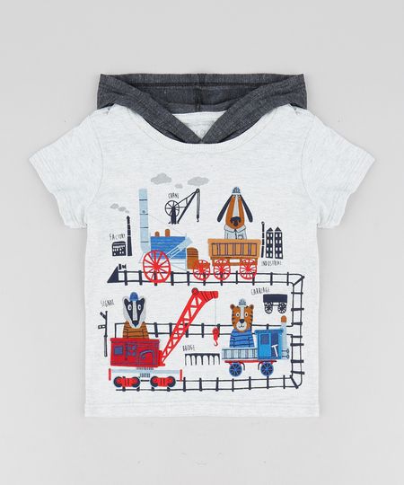 Camiseta Infantil com Estampa Interativa de Bichos com Capuz Manga Curta Cinza Mescla Claro Menor preço em Camiseta Infantil com Estampa Interativa de Bichos com Capuz Manga Curta Cinza Mescla Claro
