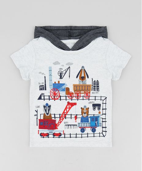 Camiseta-Infantil-com-Estampa-Interativa-de-Bichos-com-Capuz-Manga-Curta-Cinza-Mescla-Claro-9428866-Cinza_Mescla_Claro_1