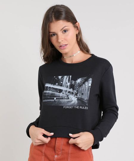 Blusão Feminino Cropped em Tricô "Forget the Rules" Preto Menor preço em Blusão Feminino Cropped em Tricô "Forget the Rules" Preto