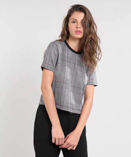 Blusa Feminina Estampada Xadrez Manga Curta Decote Redondo Cinza Mescla Menor preço em Blusa Feminina Estampada Xadrez Manga Curta Decote Redondo Cinza Mescla
