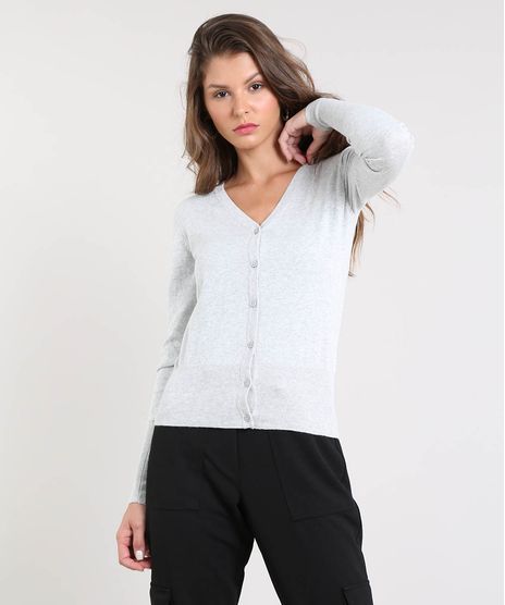 Cardigan-Feminino-Basico-em-Trico-Decote-V-Cinza-Mescla-Claro-9325341-Cinza_Mescla_Claro_1
