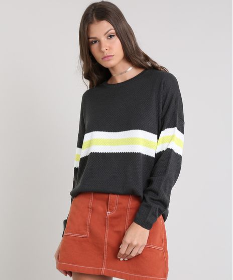 Sueter-Feminino-em-Trico-com-Listra-Decote-Redondo-Chumbo-9357971-Chumbo_1