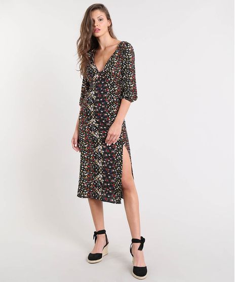Vestido-Feminino-Midi-Estampado-Floral-com-Fenda-Manga-3-4-Preto-9440639-Preto_1