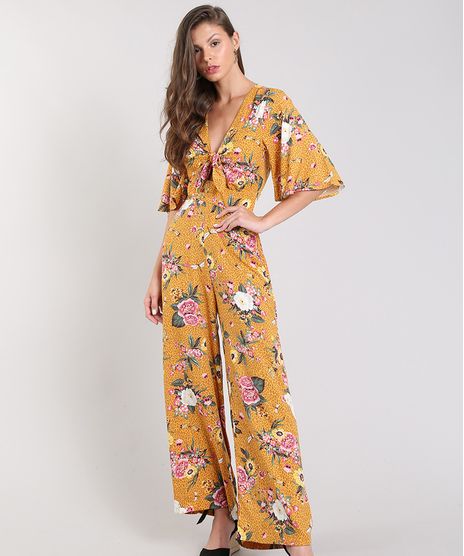 Macacao-Feminino-Estampado-Floral-com-No-Manga-Curta-Mostarda-9502001-Mostarda_1