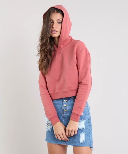 Blusão Feminino Básico Cropped com Capuz em Moletom Rosa - GG Menor preço em Blusão Feminino Básico Cropped com Capuz em Moletom Rosa - GG