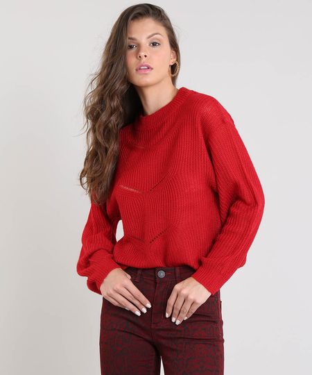 Suéter Feminino Amplo em Tricô Decote Redondo Vermelho Menor preço em Suéter Feminino Amplo em Tricô Decote Redondo Vermelho