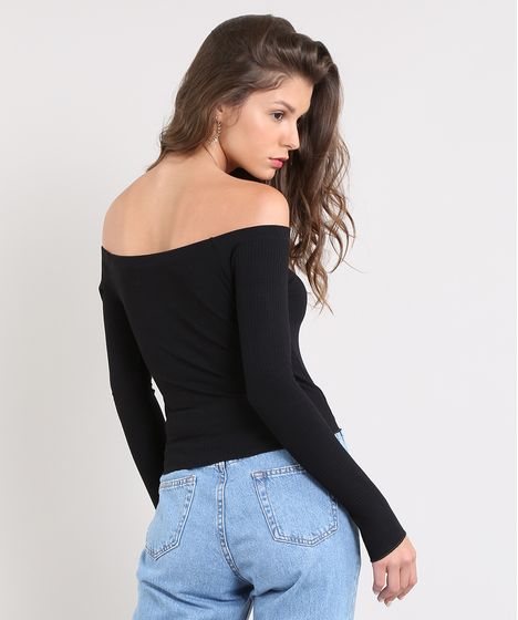 Blusa Feminina Cropped Ombro A Ombro Canelada Com Botoes Manga