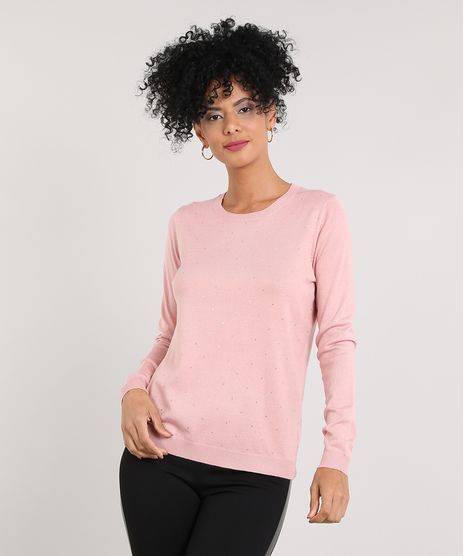Sueter-Feminino-em-Trico-com-Strass-Rose-9425752-Rose_1