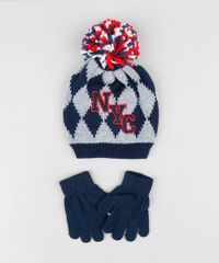 Kit-de-Gorro-Infantil-Estampado-com-Pompom---Luva-em-Trico-Azul-Marinho-9369100-Azul_Marinho_1